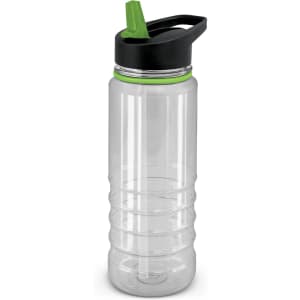 A drink bottle featuring a clear body with black and green accents, designed for easy hydration.