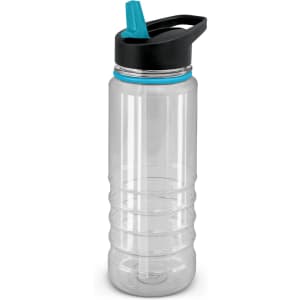 A drink bottle featuring a clear body with a black lid and a teal straw.