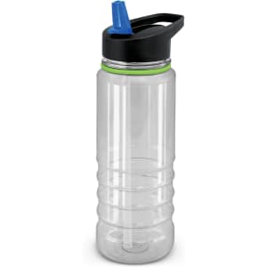 A drink bottle featuring a clear body, black lid, and a blue spout with a green accent. It includes branding.