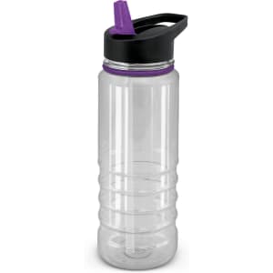 A drink bottle in clear plastic with a black and purple lid, featuring a built-in straw and ridged design.