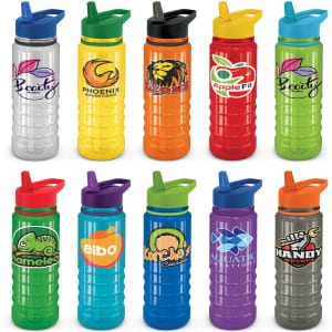 A drink bottle collection featuring various vibrant colours, each with a unique design and a logo on the front.