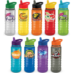 A drink bottle collection featuring vibrant colours: green, orange, blue, purple, red, and grey, each with a straw lid and branding.