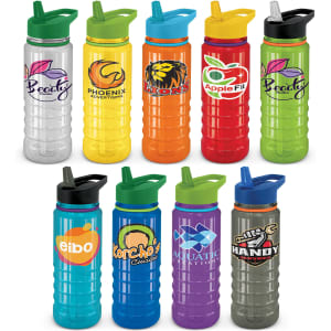 A drink bottle assortment in various colours, featuring different logos and designs on each bottle.