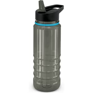 A drink bottle in grey with a black lid and a turquoise accent, featuring a straw and ribbed design.