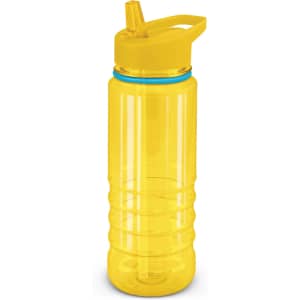 A drink bottle in bright yellow with a straw and a clear body, featuring a blue accent and a handle. It has a logo.