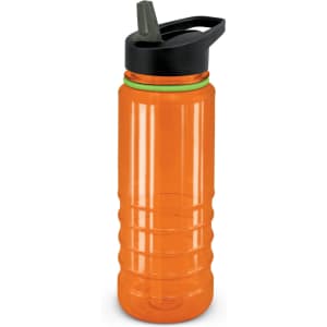 A drink bottle in vibrant orange with a black cap and green accent, featuring a textured grip design.