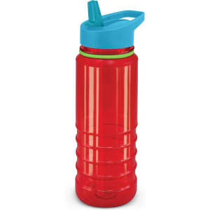 A drink bottle with a bright red body, blue lid, and green accent, featuring a spout and a textured grip.