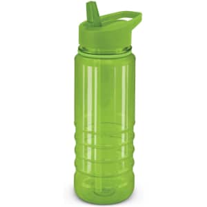 A drink bottle in vibrant green with a straw and cap, featuring a textured grip and a logo.