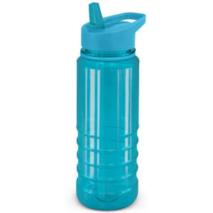 A drink bottle in turquoise with a flip-top lid and a built-in straw, featuring a branded design.