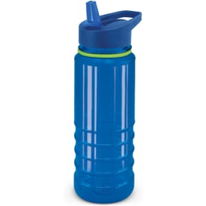 A drink bottle in transparent blue with a green band and a blue lid, featuring a spout and handle.