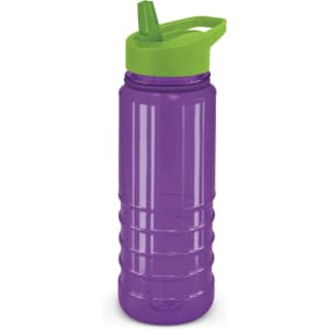 A drink bottle in purple with a green spout and a sturdy design. It features a logo on the side.