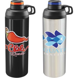 A drink bottle with a black and an aluminium finish. Each features a logo and has an orange and blue screw cap.