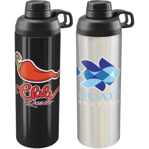 A drink bottle with a black matte finish featuring a red chili design and a silver bottle with a fish logo.