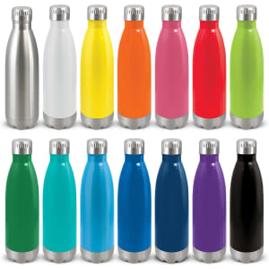 A drink bottle collection featuring various colours, including stainless steel, white, yellow, orange, pink, red, green, blue, and black.
