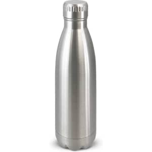 A drink bottle made of stainless steel with a sleek, silver finish and a screw-top lid. It features a logo.