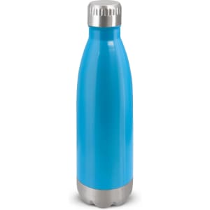 A drink bottle in bright blue with a stainless steel base and a silver screw cap, featuring a logo.