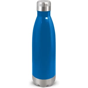 A drink bottle with a bright blue body and a silver base, featuring a stainless steel cap and a logo.