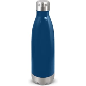 A drink bottle in a vibrant blue with a silver, stainless steel base and a screw-top lid. It features a logo.
