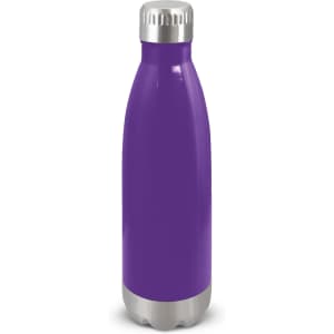 A drink bottle in a vibrant purple colour with a stainless steel base and a silver screw-top lid.