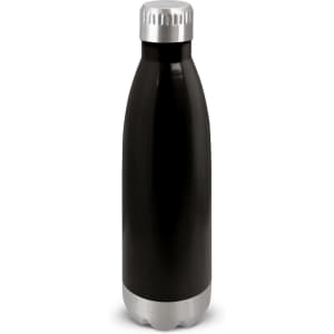 A drink bottle in black with a silver base and cap, featuring a logo on the body.
