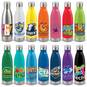 A drink bottle collection featuring various colours including stainless steel, bright yellow, orange, pink, blue, and green, each with unique designs.