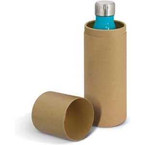A drink bottle in a turquoise colour placed inside a cylindrical brown cardboard packaging.