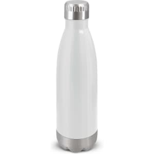 A drink bottle in white with a stainless steel base and cap, featuring a logo.