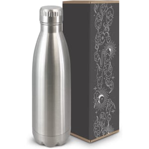 A drink bottle in silver stainless steel, placed next to a decorative box featuring a celestial design.