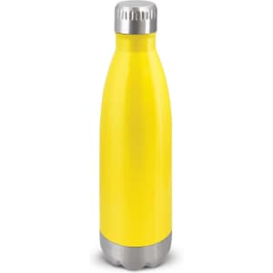 A drink bottle in bright yellow with a stainless steel base and silver cap. It features a logo.