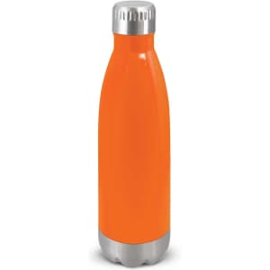 A drink bottle with an orange body and a silver stainless steel base, featuring a logo.