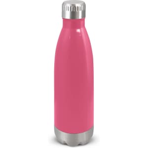 A drink bottle in bright pink with a stainless steel base and a silver screw top. It has a logo on the surface.