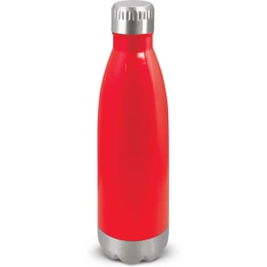A drink bottle in vibrant red with a silver base and a metallic cap, featuring a logo.