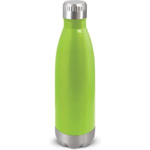 A drink bottle in vibrant green with a stainless steel base and cap, featuring a logo.