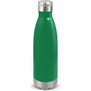 A drink bottle with a green body and a silver base, featuring a metal screw top and a logo.