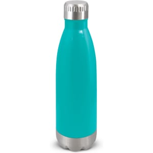 A drink bottle in a vibrant turquoise colour with a stainless steel base and lid. It features a logo.