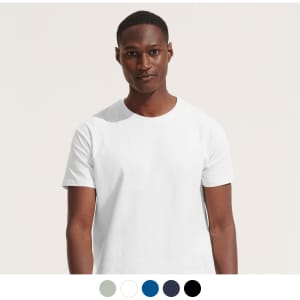 A white adult t-shirt displayed on a model, featuring a round neckline and short sleeves, with a logo present.