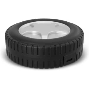 A circular tool kit designed to resemble a tire, featuring a transparent top and a textured black exterior.