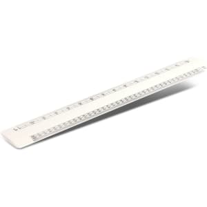 A white scale ruler with both metric and imperial measurements, featuring a subtle logo.
