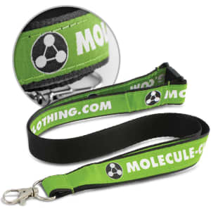 A woven lanyard in green and black with a logo and a metal clip for attaching items.