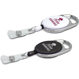 A white and a black retractable ID holder with a metal clip, featuring a logo on each.