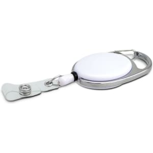 A retractable ID holder featuring a circular design with a white surface and a metal clip for attachment.