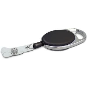 A retractable ID holder featuring a black circular reel and a metal carabiner clip for secure attachment.