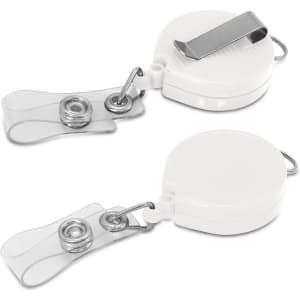 A white retractable ID holder with a metal clip and attached transparent badge reels.
