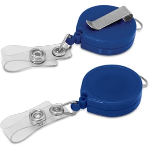 A blue retractable ID holder with a clip and a clear strap, featuring a logo on the front.