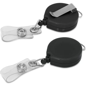 A black retractable ID holder with a clip and transparent strap, featuring a simple design and a small branding logo.