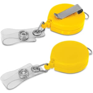 A yellow retractable ID holder with a metal clip and clear strap, featuring two units stacked together.