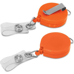 An orange retractable ID holder featuring a clip and clear strap for securing identification.