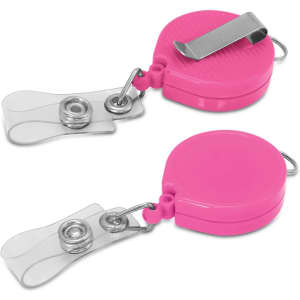 A pink retractable ID holder featuring a clip for easy attachment and a transparent strap for securing IDs or badges.