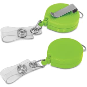 A bright green retractable ID holder with a clip and clear strap. It features a circular design and shiny accents.