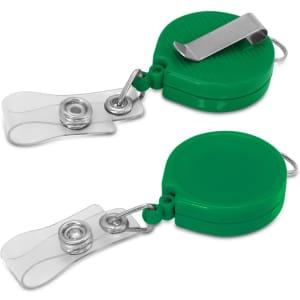 A green Alta Retractable ID Holder featuring a retractable reel and a clip for easy attachment.